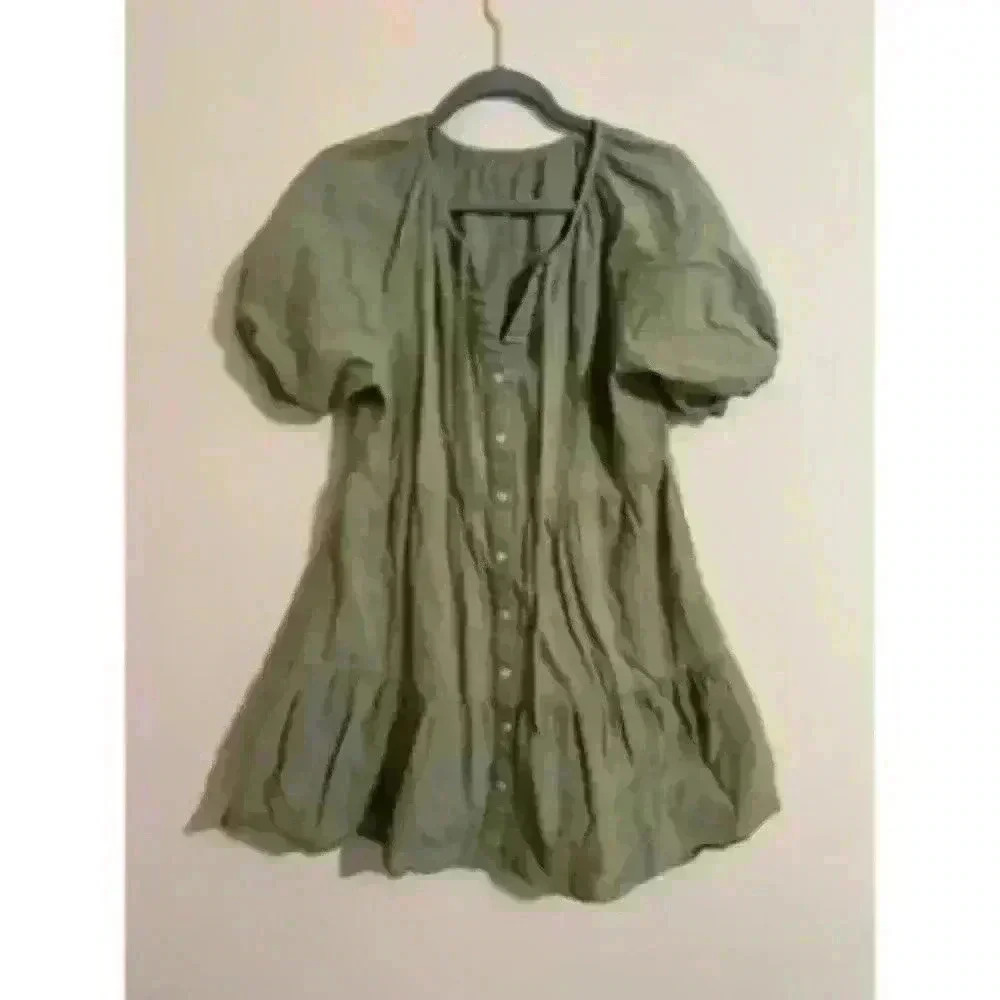Olive Green Button Down Babydoll Dress with Ruffles, Women's Size Small